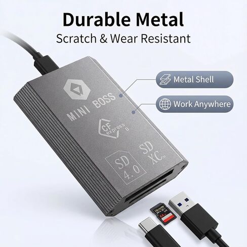 قارئ بطاقات مزدوج CFexpress Type B & SD 4.0، نقل البيانات، قراءة متزامنة، كابلات USB-C وUSB-A متضمنة، قارئ بطاقات ألومنيوم محمول لأنظمة Windows وmacOS وLinux وAndroid (10 جيجابايت في الثانية) in Kuwait
