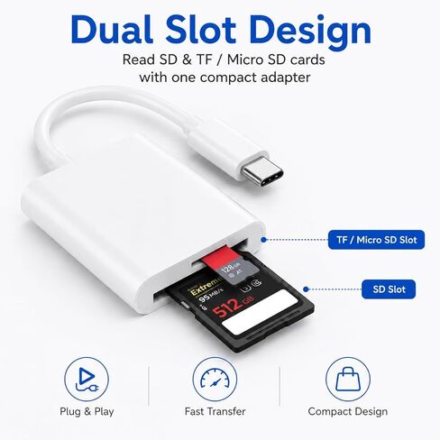 USB C SD/TF Card Reader with Cable, Dual Slot Memory Card Reader Adapter, Plug and Play High Stability Fast Data Transfer for Phone/Tablet/Laptop in Saudi Arabia