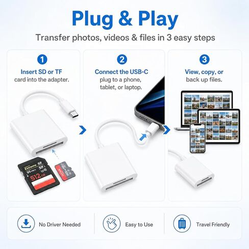 USB C SD/TF Card Reader with Cable, Dual Slot Memory Card Reader Adapter, Plug and Play High Stability Fast Data Transfer for Phone/Tablet/Laptop in Saudi Arabia
