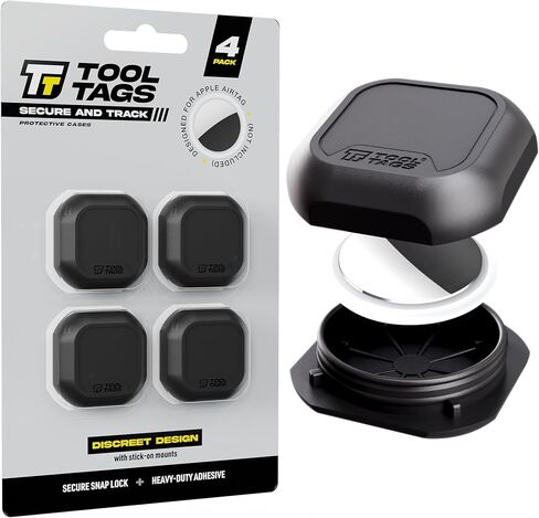 حامل بطاقات هوائية مقاوم للماء من ToolTags متوافق مع علامة Apple Airtag، حافظة متينة لبطاقات هوائية مع تصميم مزلاج سريع للدراجات والسيارات والأمتعة والأدوات والمزيد، غطاء آمن لبطاقة هوائية مع حامل لاصق (4 عبوات) in Kuwait