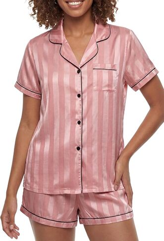 Umenlele Women's Silky Satin Striped Pajamas Short Sleeve Top with Shorts Sleepwear PJ Set in Kuwait