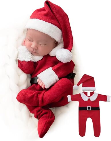ForBaysy Newborn Baby Christmas Photo Props Outfit Infant Boys Girl Photoshoot Costume Red jumpsuit With Xmas Hat in Kuwait