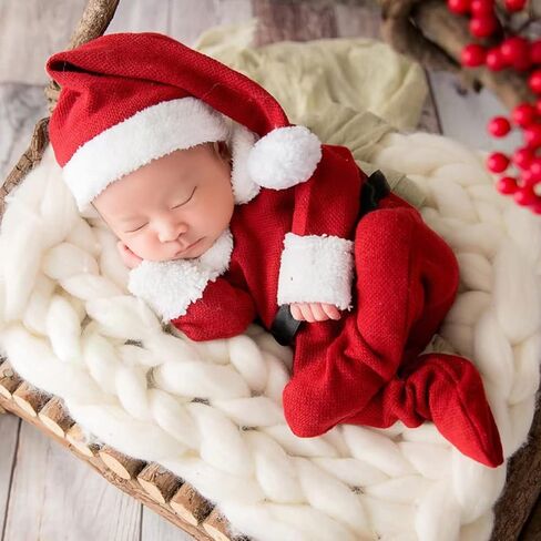 ForBaysy Newborn Baby Christmas Photo Props Outfit Infant Boys Girl Photoshoot Costume Red jumpsuit With Xmas Hat in Kuwait