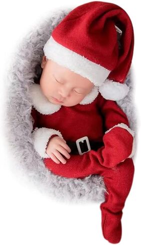 ForBaysy Newborn Baby Christmas Photo Props Outfit Infant Boys Girl Photoshoot Costume Red jumpsuit With Xmas Hat in Kuwait