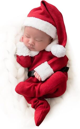 ForBaysy Newborn Baby Christmas Photo Props Outfit Infant Boys Girl Photoshoot Costume Red jumpsuit With Xmas Hat in Kuwait