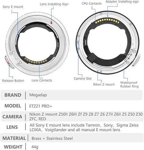 Megadap ETZ21 PRO + محول عدسة التركيز التلقائي المدمج في فتحة إلكترونية متوافقة مع كاميرا Nikon Z Zf Z9 Z8 Z6III Z7II Z7 Z6II Z6 Z5 Z50 ZFC لعدسات سلسلة Sony FE Sigma Tamron FE in Kuwait
