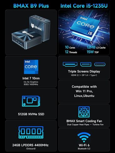 Bmax B9 Plus Mini PC, 12th Gen Intel Core i5-1235U (10C/12T, Beats N100/N150/4300U/5500U), 24GB LPDDR5 RAM 512GB NVMe SSD, Micro Desktop Computer Support Dual SSD, WiFi 6, Triple 4K Display, Win 11 in Kuwait