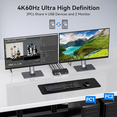 4K@60Hz HDMI KVM Switch 2 Monitor 2 Computers USB 3.0 KVM Switches Share Dual Monitors and 4 USB 3.0 Ports Support Extended/Copy Mode for Windows in Kuwait