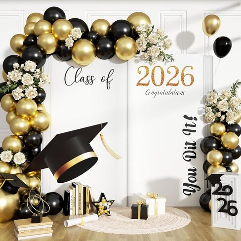 Class of 2026 Graduation Arch Backdrop Stand, 7.3ft Congrats Grad Arch Cover Backdrop Black White Gold Round Top Photo Booth Backdrops Stand Covers for 2026 Graduation Party Background Decorations in Kuwait
