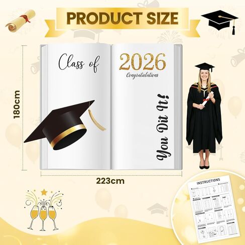 فئة من 2026 التخرج قوس خلفية الوقوف، 7.3ft تهانينا غراد قوس غطاء خلفية أسود أبيض الذهب جولة أعلى صور كشك الخلفيات حامل يغطي لعام 2026 ديكورات خلفية حفلة التخرج in Kuwait