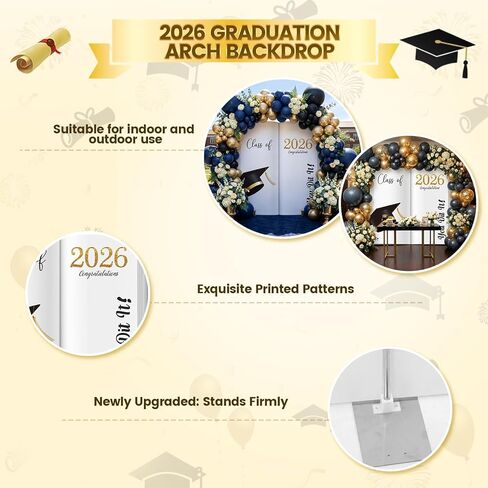 فئة من 2026 التخرج قوس خلفية الوقوف، 7.3ft تهانينا غراد قوس غطاء خلفية أسود أبيض الذهب جولة أعلى صور كشك الخلفيات حامل يغطي لعام 2026 ديكورات خلفية حفلة التخرج in Kuwait