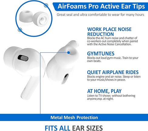 AirFoams Pro Active V2.0 Memory Foam Lifetime Replacement Ear Tips for AirPods Pro 1 & 2 – Flexible Silicone Shield, Anti Slip, Better Sound, All Day Comfort, Secure, Noise Cancelling (3 Pairs-S/M/L) in Kuwait