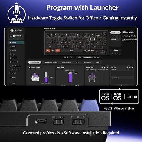 لوحة مفاتيح الألعاب السلكية Keychron Q2 HE 8K مع مفاتيح مغناطيسية، تخطيط 65%، مشغل سريع، هيكل من الألومنيوم، تشغيل قابل للتعديل، مقبض، RGB، متوافق مع Mac/Windows/Linux - أسود in Kuwait