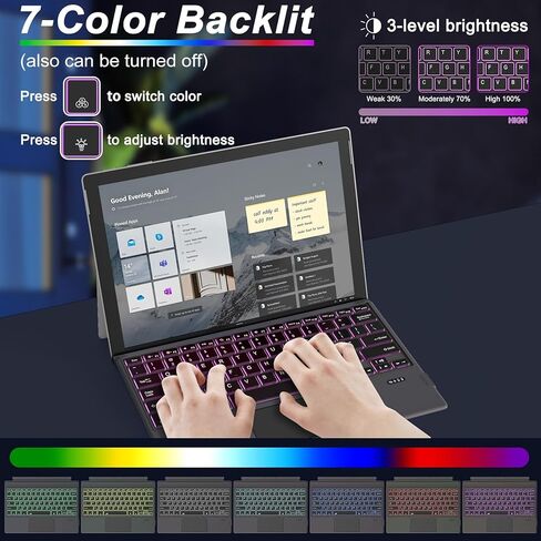 لوحة مفاتيح Pro 3 - غطاء من النوع لجهاز Pro 7 Plus 7/6/5/4/3، 7 ألوان بإضاءة خلفية بلوتوث، لوحة مفاتيح مغناطيسية 3 محمولة رفيعة للغاية مع لوحة تتبع in Kuwait
