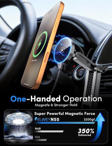 ELWEY for Magsafe Car Mount Charger Wireless، حامل هاتف 3 في 1 مطور مع قواعد مرنة مزدوجة، حامل هاتف مغناطيسي للشحن السريع 15 وات، مغناطيس N55 قوي، ارتفاع 15 بوصة، لهاتف iPhone 17 16 15 in Kuwait