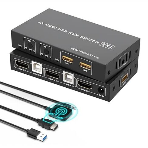 KVM Switch 2 Port HDMI, 4K@60Hz KVM Switch 1 Monitors 2 Computers with 3 USB2.0 Ports, HDMI KVM Switches for 2 PCs Share 1 Monitors and USB Devices,with 2 USB Cables,Controller, Support Button Switch in Kuwait