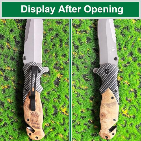 8.3" Folding Pocket Stainless Steel Assisted Opening Knife with Pocket Clip,Seat Belt Cutter, Glass Breaker, Wood Handle for Men Women for Outdoor, Tactical, Survival and EDC in Kuwait