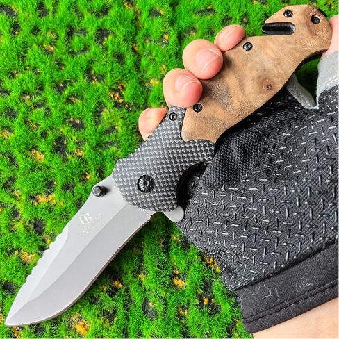 8.3" Folding Pocket Stainless Steel Assisted Opening Knife with Pocket Clip,Seat Belt Cutter, Glass Breaker, Wood Handle for Men Women for Outdoor, Tactical, Survival and EDC in Kuwait