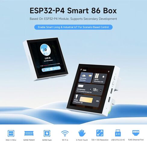 Waveshare ESP32-P4 Smart 86 Box with Expandable Ethernet, RS485, and Relay Support, Featuring Dual-Core and Single-Core RISC-V Architecture, Onboard 4-Inch 720×720 Pixel 5-Point Touch LCD in Kuwait