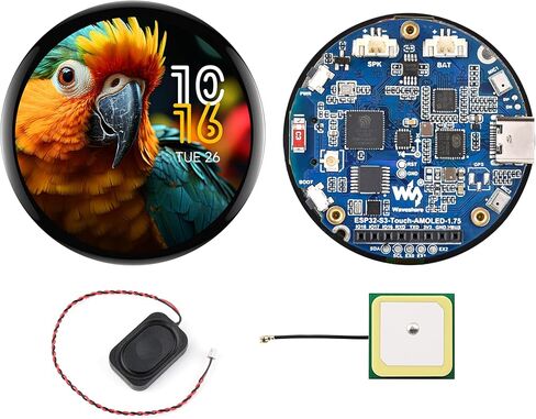 ESP32-S3 1.75inch AMOLED Round Touch Display Development Board, 466×466, QSPI Interface, Onboard Dual Digital Microphone Array, Support AI Speech Interaction, GPS Version with Speaker+GNSS Antenna in Kuwait