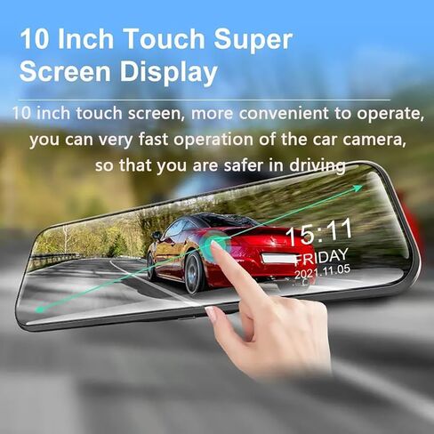 10'' Mirror Dash Cam for Volkswagen Taos (AWD) 2022 2023 2024, 1080P Front＋Rear View Mirror Camera with Touchscreen, View Night Vision, Wide Angle, Loop Recording, 64GB Included in Kuwait