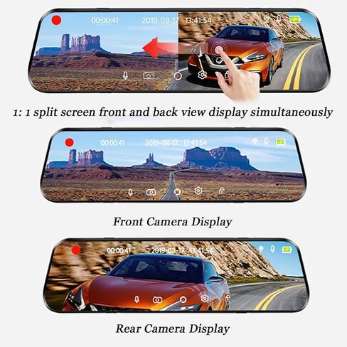 10'' Mirror Dash Cam for Volkswagen Taos (AWD) 2022 2023 2024, 1080P Front＋Rear View Mirror Camera with Touchscreen, View Night Vision, Wide Angle, Loop Recording, 64GB Included in Kuwait