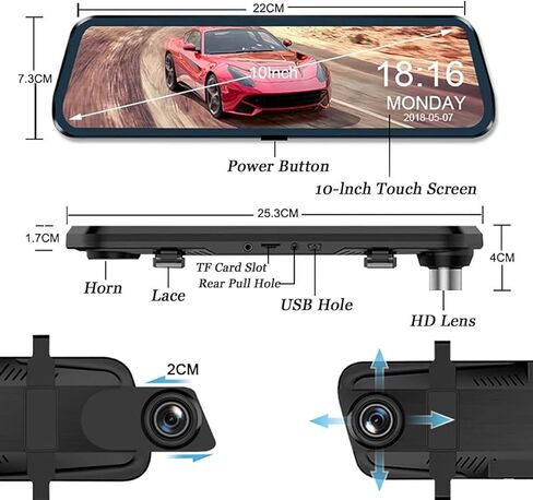 10'' Mirror Dash Cam for Volkswagen Taos (AWD) 2022 2023 2024, 1080P Front＋Rear View Mirror Camera with Touchscreen, View Night Vision, Wide Angle, Loop Recording, 64GB Included in Kuwait