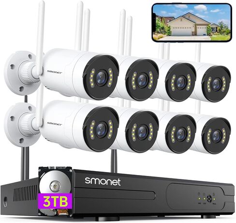 5MP Wireless Home Security Camera System, 8CH NVR with 3TB Hard Drive, SMONET CCTV Kit with 8 Indoor/Outdoor IP Cameras, Night Vision, IP66 Waterproof, Mobile App Access in Kuwait