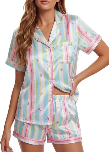 LYANER Women's Striped Silky Satin Pajamas Short Sleeve Top with Shorts Sleepwear PJ Set Black X-Large in Saudi Arabia