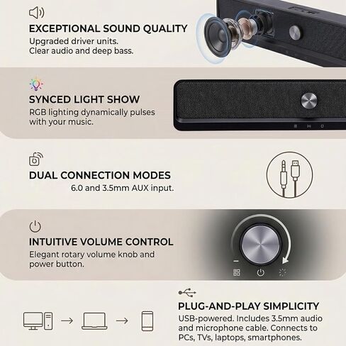 مكبر صوت للكمبيوتر، مكبر صوت بلوتوث 6.0 يعمل بمنفذ USB مع ضوء RGB 3.5 ملم AUX 2.0 قناة، للهواتف الذكية والتلفزيون المحمول in Kuwait
