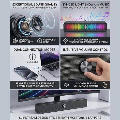 مكبر صوت للكمبيوتر، مكبر صوت بلوتوث 6.0 يعمل بمنفذ USB مع ضوء RGB 3.5 ملم AUX 2.0 قناة، للهواتف الذكية والتلفزيون المحمول in Kuwait