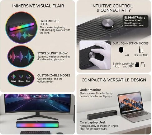 مكبر صوت للكمبيوتر، مكبر صوت بلوتوث 6.0 يعمل بمنفذ USB مع ضوء RGB 3.5 ملم AUX 2.0 قناة، للهواتف الذكية والتلفزيون المحمول in Kuwait