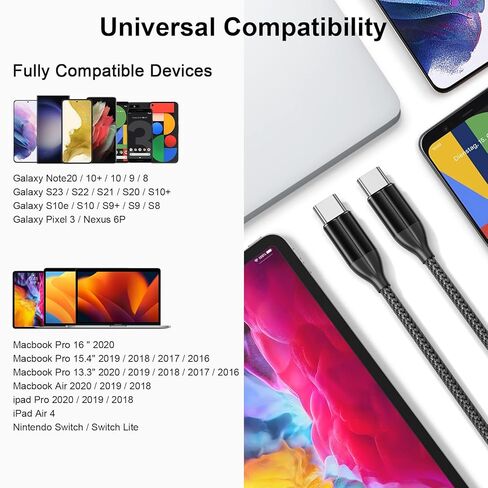 كابل USB C إلى USB C شحن سريع 100 وات، 2 كابل USB-C مضفر بطول 6 أقدام، سلك شاحن PD 5A لجهاز MacBook Pro/Air، iPad Pro، iPhone 17/16/15 Pro Max، Samsung Galaxy S25/S24، السفر في المكتب المنزلي in Kuwait