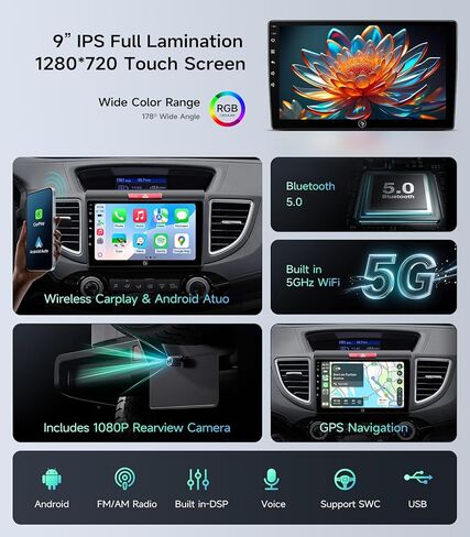 9 Inch Car Radio Stereo for Honda CRV 2012-2016 Wireless CarPlay Android Auto 5G WiFi GPS Navigation Touch Screen Bluetooth FM AM HD Backup Camera in Saudi Arabia