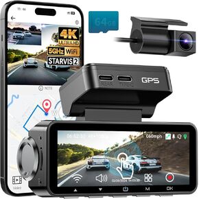 Dash Cam Front Rear 4K Built-in GPS 5GHz WiFi, 3.39’’ IPS Screen, Voice Control, Dual Dash Camera for Cars Free 64GB SD Card, Super Night Vision, 24H Parking Monitor, Supercapacitor, Type C, WDR in Kuwait