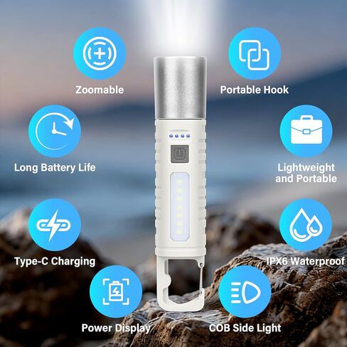 Small Rechargeable LED Flashlight, 500LM Ultra-Lightweight Handheld Light with COB Side Light, Zoomable, 4 Modes, USB-C, Perfect for Camping, Power Outage, Home Emergency in Kuwait