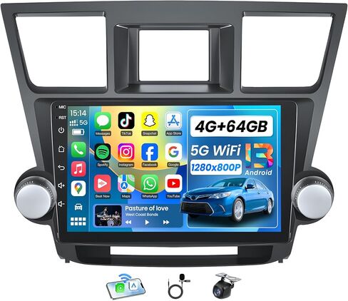 for Toyota Highlander 2008-2012 Radio Stereo Upgrade: Wireless CarPlay Android Auto Car Head Unit Replacement, 4G+64G Android 13 10.1 Inch IPS 1280x800 Screen, GPS Bluetooth DSP SWC Accessories Kit in Kuwait