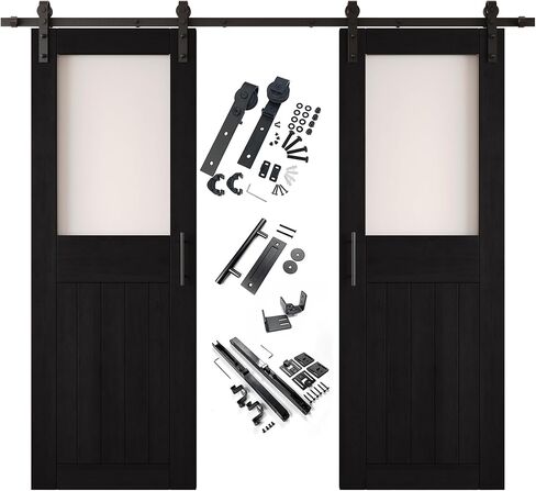 Black 26 x 84 in. Sliding Barn Door, Set of 2 Doors, Half Lite Frosted Glass,Assembly Required, with 9 ft Double Door Hardware Kit, Non-Bypass, Interior Use in Saudi Arabia