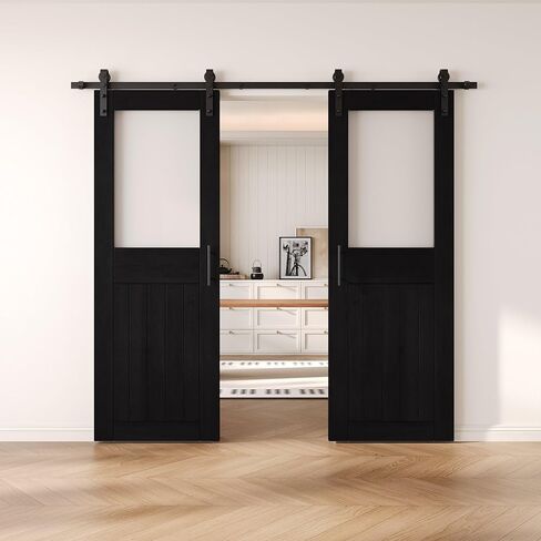 Black 26 x 84 in. Sliding Barn Door, Set of 2 Doors, Half Lite Frosted Glass,Assembly Required, with 9 ft Double Door Hardware Kit, Non-Bypass, Interior Use in Saudi Arabia