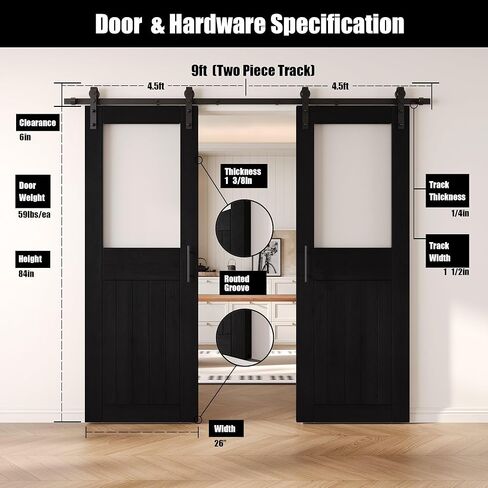 Black 26 x 84 in. Sliding Barn Door, Set of 2 Doors, Half Lite Frosted Glass,Assembly Required, with 9 ft Double Door Hardware Kit, Non-Bypass, Interior Use in Saudi Arabia
