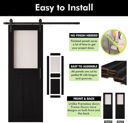 Black 26 x 84 in. Sliding Barn Door, Set of 2 Doors, Half Lite Frosted Glass,Assembly Required, with 9 ft Double Door Hardware Kit, Non-Bypass, Interior Use in Saudi Arabia