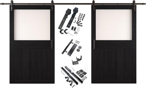 Black 26 x 84 in. Sliding Barn Door, Set of 2 Doors, Half Lite Frosted Glass,Assembly Required, with 9 ft Double Door Hardware Kit, Non-Bypass, Interior Use in Saudi Arabia