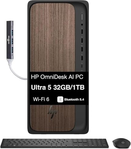 كمبيوتر سطح المكتب HP OmniDesk M03 Business AI (Intel Ultra 5 225، 32GB DDR5، 1TB PCIe SSD، Intel Graphics، 280W PSU، WiFi 6، BT 5.4، USB-C، RJ-45، منفذ العرض، HDMI، Win 11 Pro) مع موسع منفذ USB DKZ in Kuwait