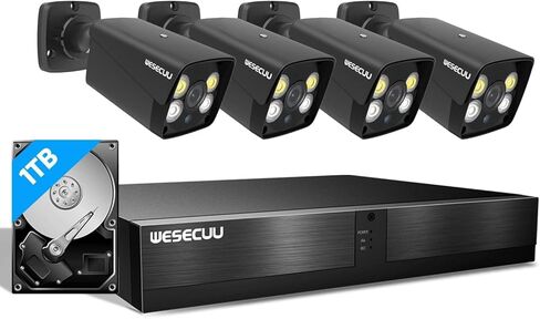 نظام كاميرا أمان 4K، 4 كاميرات برجية سلكية 2K PoE مع اكتشاف الإنسان والتحدث في اتجاهين، رؤية ليلية ملونة، 8 ميجابكسل 4CH NVR مع محرك أقراص ثابتة 1 تيرابايت للتسجيل المحلي على مدار الساعة طوال أيام الأسبوع، بدون اشتراك (4 كاميرات) in Kuwait