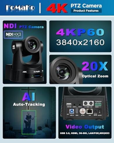 كاميرا FoMaKo 4K 60 إطارًا في الثانية NDI PTZ، تدعم إخراج NDI HX3 4K 60 إطارًا في الثانية، تكبير بصري 20x، للبث المباشر لمختبرات التجارب العلمية، حزمة الإعداد الكاملة (K600NX4+KC602+P1000+FMKH107X4+KC608 Pro) in Kuwait
