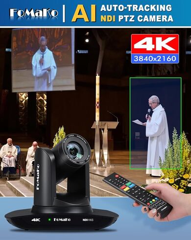 كاميرا FoMaKo 4K HDMI PTZ تتبع NDI AI التلقائي (الجيل 3)، معتمد من NDI HX3، تكبير بصري 20X، لجولات الدراسة والحدث المباشر، حزمة الإعداد الكاملة (K20UHX2+KC602+P1000+FMKH107X2+KC608 Pro) in Kuwait