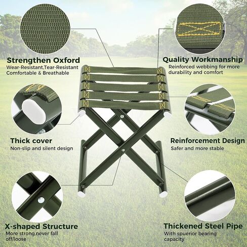 Heavy Duty Folding Stool, Full Steel Frame Camping Stool for Adults, 400LBS Capacity Military Green Portable Stool with Thickened Webbing, Anti-Slip Feet for Outdoor Camping Hunting Fishing Gardening in Kuwait