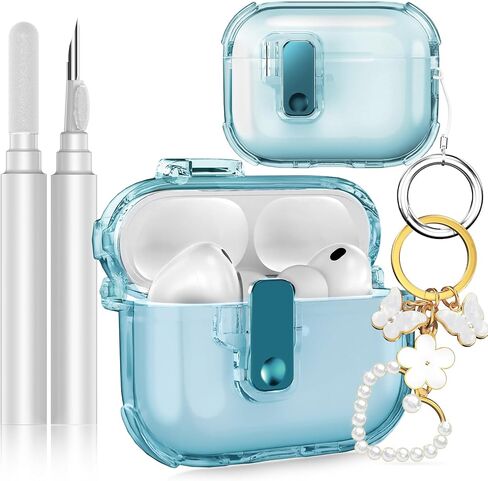 Fotbor for AirPods Pro 3 2025 Case with Secure Lock, Soft Clear TPU Cover with Earbuds Cleaner & Cute Girly Keychain, Anti-Scratch [Airbag] Military Grade Drop Protection - Blue in Kuwait