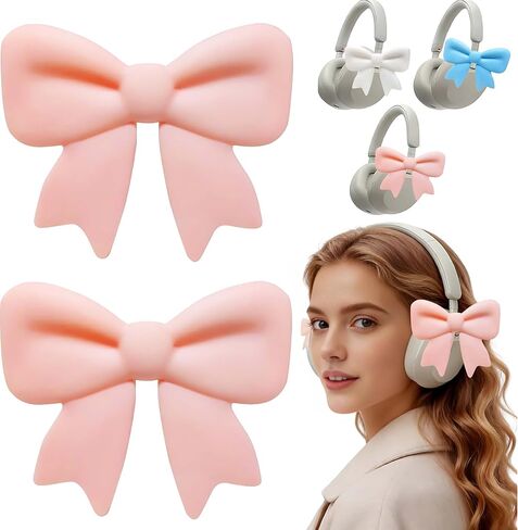 NEWFLAG 2 Pack Silicone Bow Headphone Accessory,3D Cute Clip-on Bows for Headphones,Detachable Decoration for Women,Girls and Gamers,Universal Fit for Most Headphones（Pink） in Kuwait