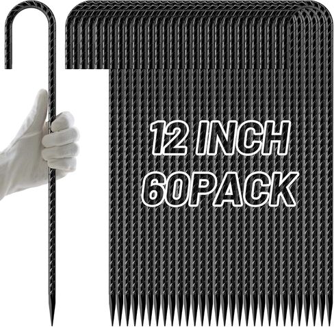 AAGUT Rebar Stakes 12 Inch 60 Pack, J Hook Premium Black Coated Ground Garden Anchors Heavy Duty, Superior Rust Resistance Chain Link Fence Stakes for Camping Tent, Inflatables, Lawn Decor in Kuwait